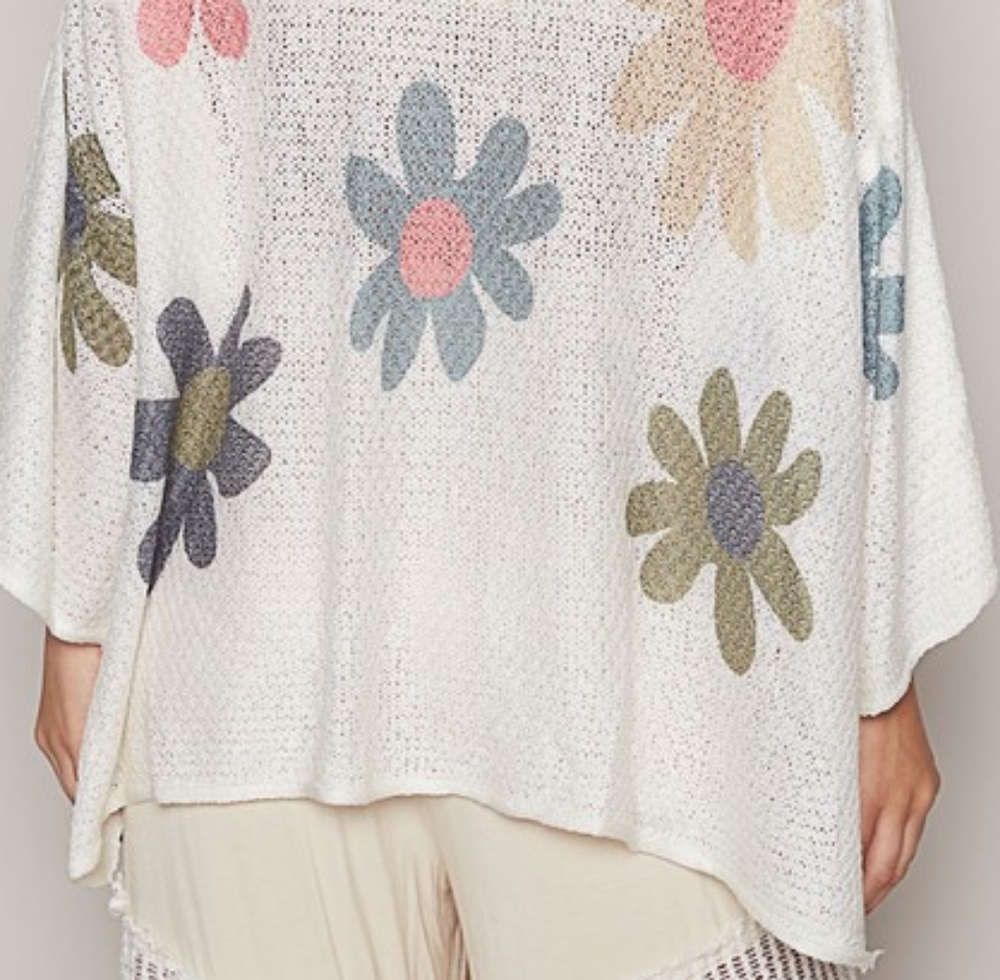 POL Daisy Retro Color Contrast Flower Top Oversized Shirt Pullover Knit Sweater - Picture 9 of 11